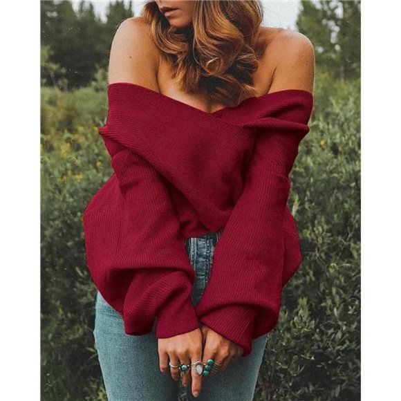 Women Casual V Neck Long Sleeve Sweaters Solid Wine Red - Picture 2 of 6